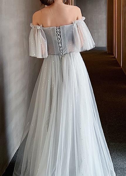 Прокат платья Серое фатиновое макси со спущенными плечами для фотосессии и мероприятия в Томске