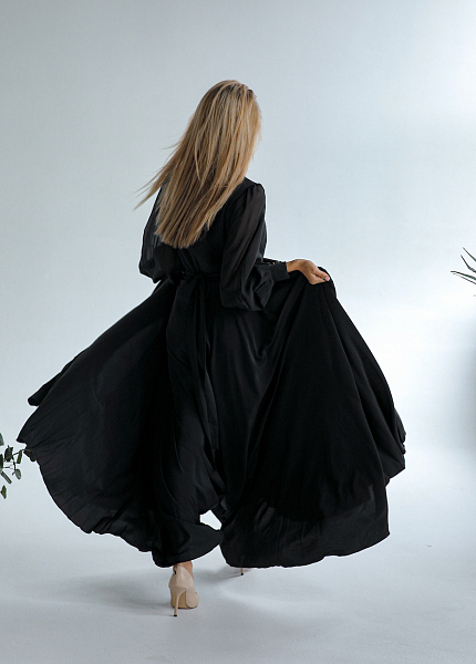 Прокат платья Черное макси с шифоновыми рукавами и разрезом для фотосессии и мероприятия в Томске