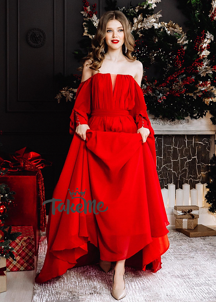 Прокат платья Красное шифоновое с длинными рукавами для фотосессии и мероприятия в Томске