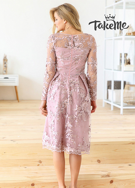 Прокат платья Розовое цветочное миди с длинными рукавами для фотосессии и мероприятия в Томске