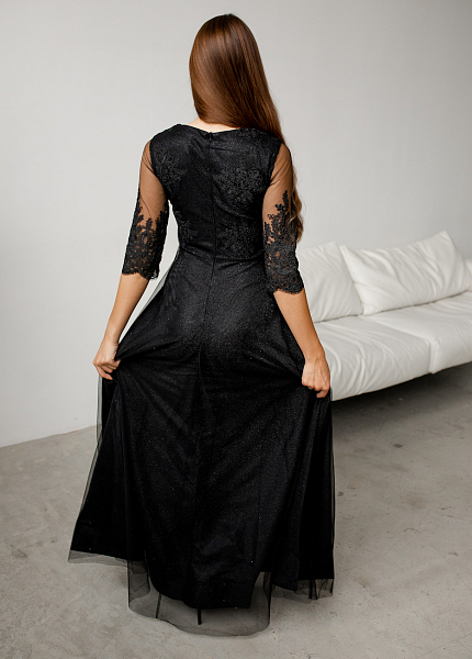 Прокат платья Черное макси блестящее с кружевным верхом для фотосессии и мероприятия в Томске