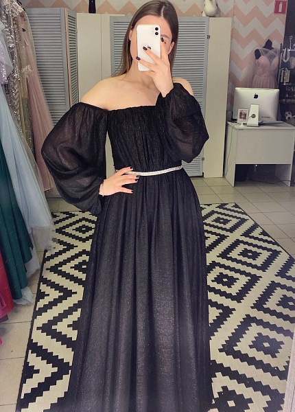 Прокат платья Черное блестящее шифоновое с длинными рукавами для фотосессии и мероприятия в Томске
