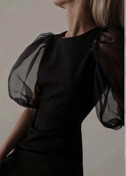 Прокат платья Черное бархатное миди с полупрозрачными рукавами для фотосессии и мероприятия в Томске