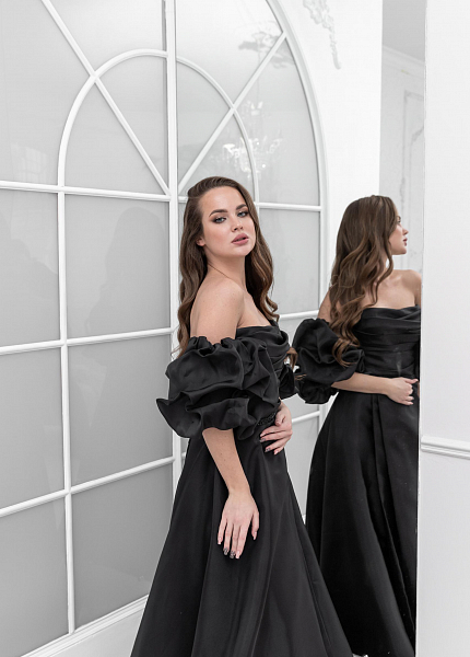Прокат платья Черное макси органза с буфами для фотосессии и мероприятия в Томске