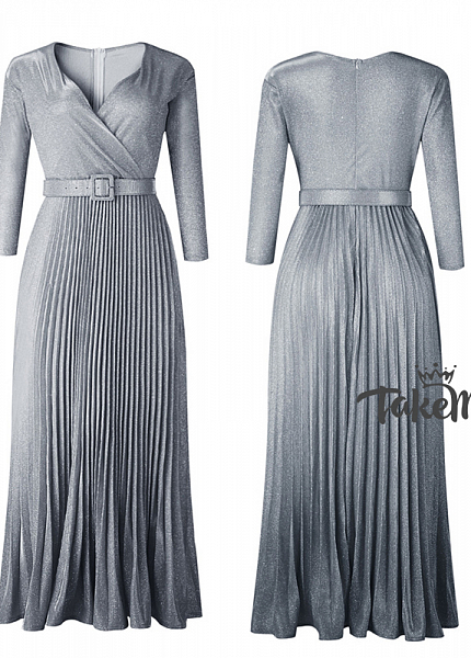 Прокат платья Серебряное с поясом и плиссированной юбкой для фотосессии и мероприятия в Томске