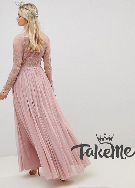 Прокат платья Розовое фатиновое макси с длинными рукавами для фотосессии и мероприятия в Томске