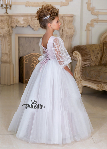 Прокат платья Бело розовое с длинными рукавам и поясом для фотосессии и мероприятия в Томске